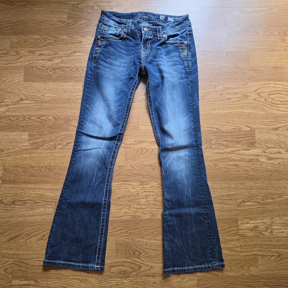 Miss Me Signature Boot Cut Jeans Womens Size 28 Bedazzled Distressed Blue